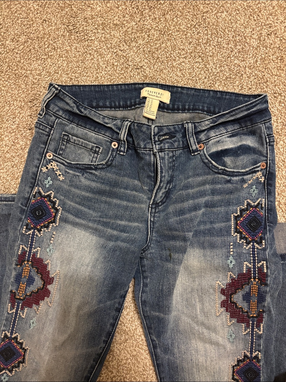 Forever 21 Blue Skinny Jeans with Multicolor Embroidery